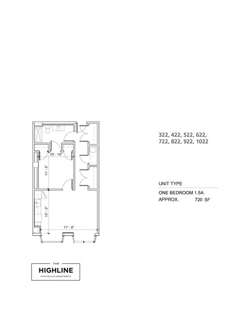Floor plan for 1 bed, 1 bath, 720 sqft